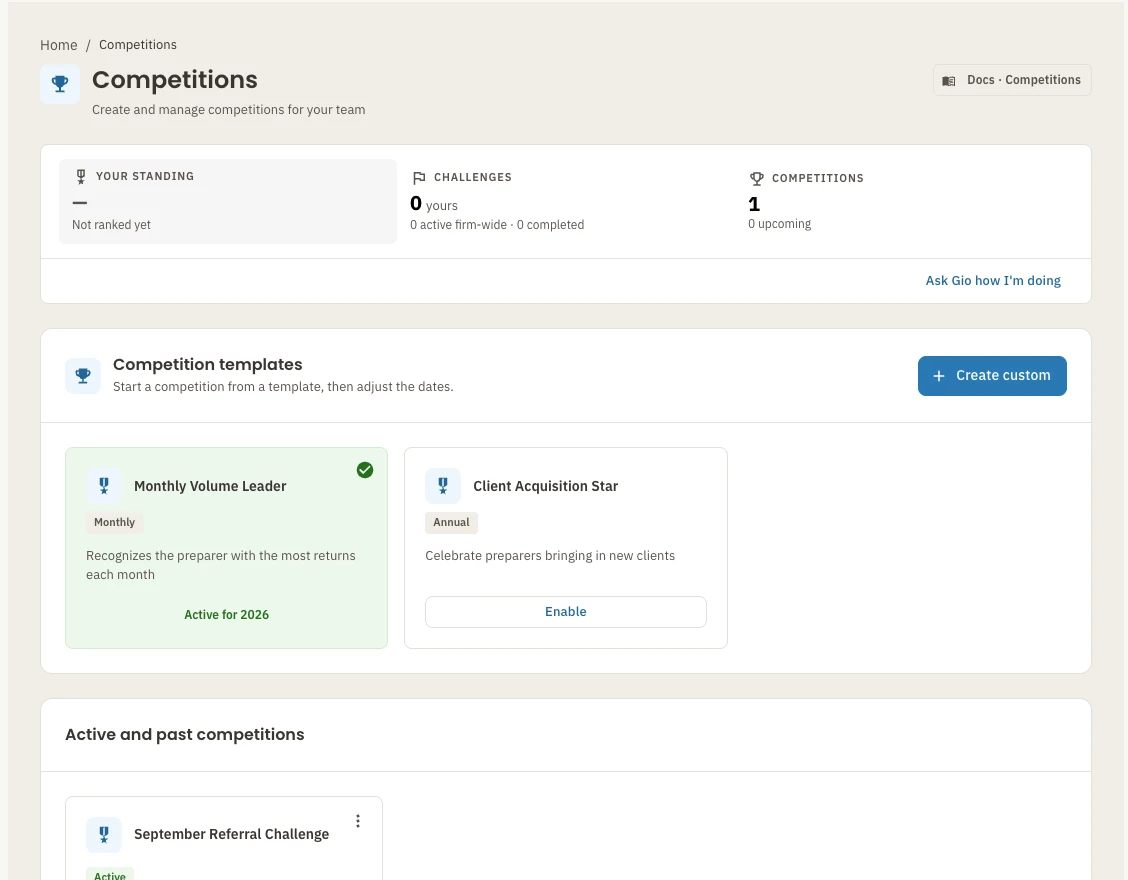 The current competition templates and team competition view. All people, firms and figures shown are demonstration data.