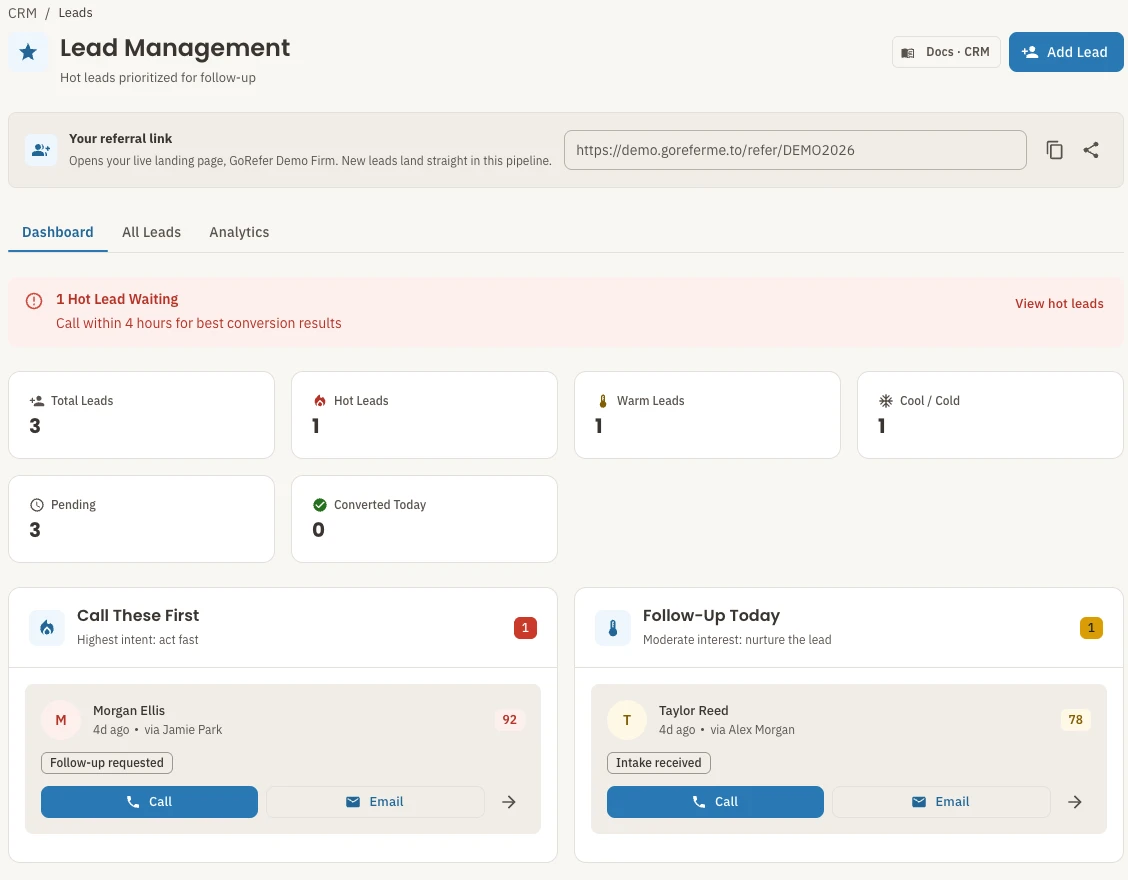 A current GoRefer lead dashboard with follow-up priorities. All people, firms and figures shown are demonstration data.