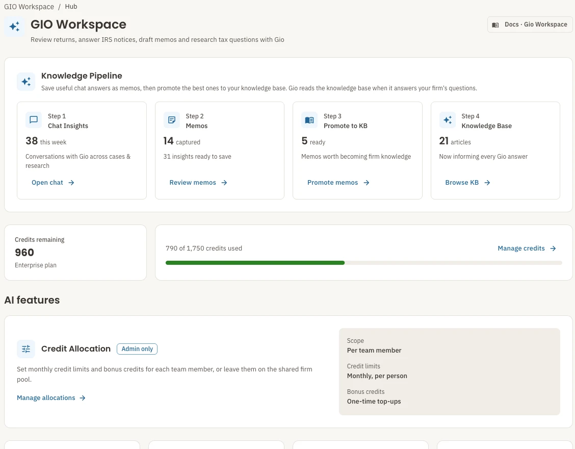 The current workspace for case review, research and Gio tools. All people, firms and figures shown are demonstration data.