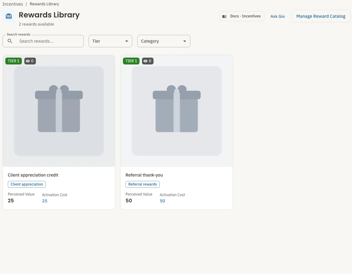 The current rewards library displaying two firm-created demonstration rewards. All people, firms and figures shown are demonstration data.
